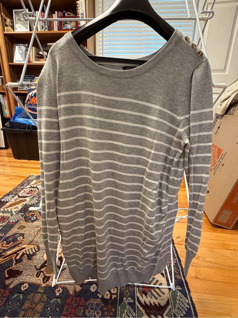Striped Gray and White Long-Sleeve Sweater with Shoulder Buttons